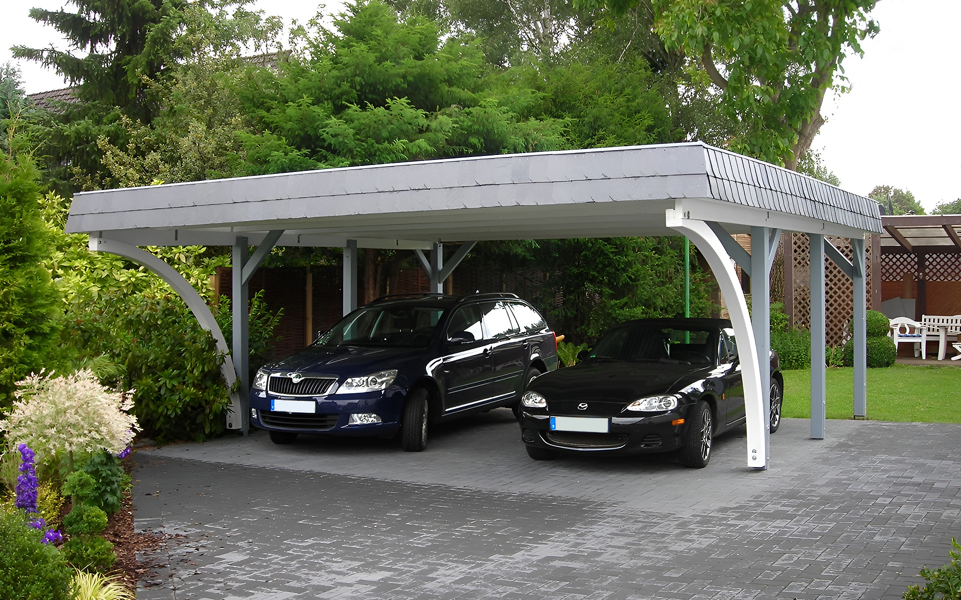 Doppelcarport 610x600 cm mit zwei Leimholzbögen