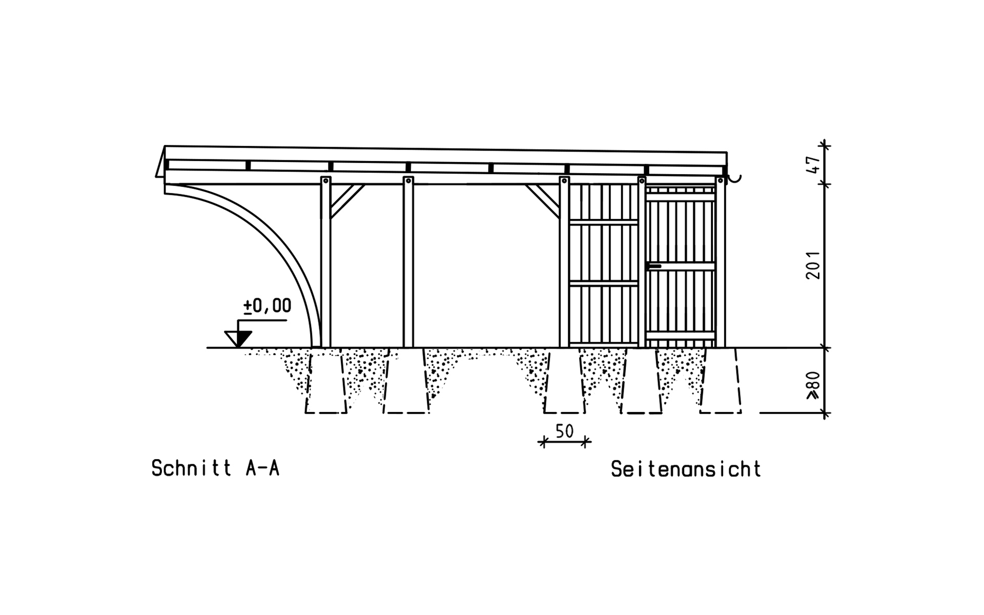 Einzelcarport 310x700 cm mit Leimholzbogen und Abstellraum Einzelcarport 310x700 cm mit Leimholzbogen und Abstellraum