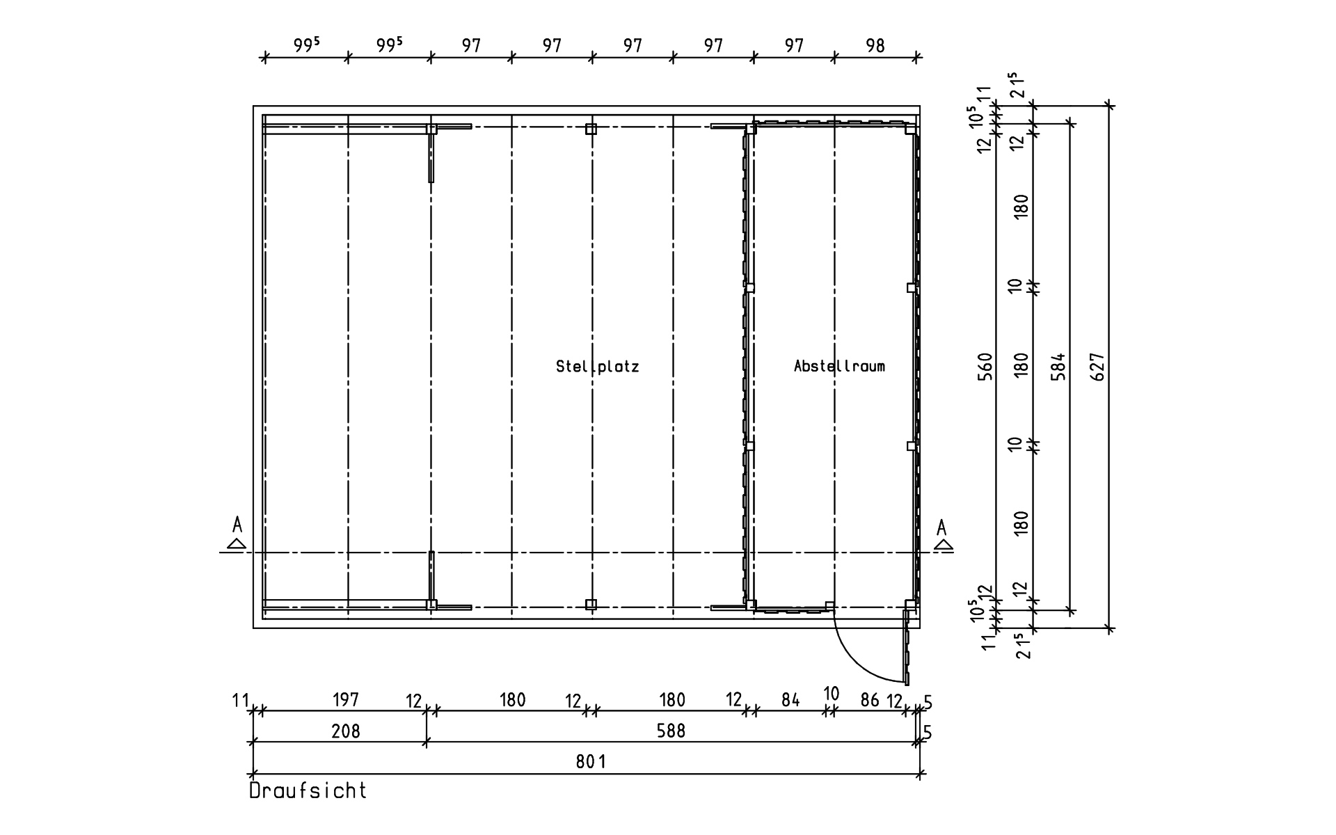 Doppelcarport 610x800 mit 2 Leimholzbögen und Abstellraum 200 cm