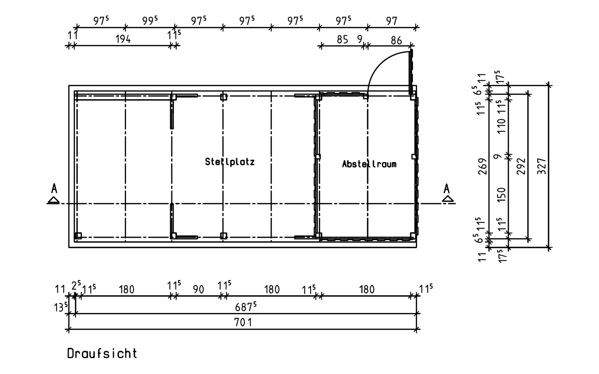 Einzelcarport 310x700 cm mit Leimholzbogen und Abstellraum Einzelcarport 310x700 cm mit Leimholzbogen und Abstellraum