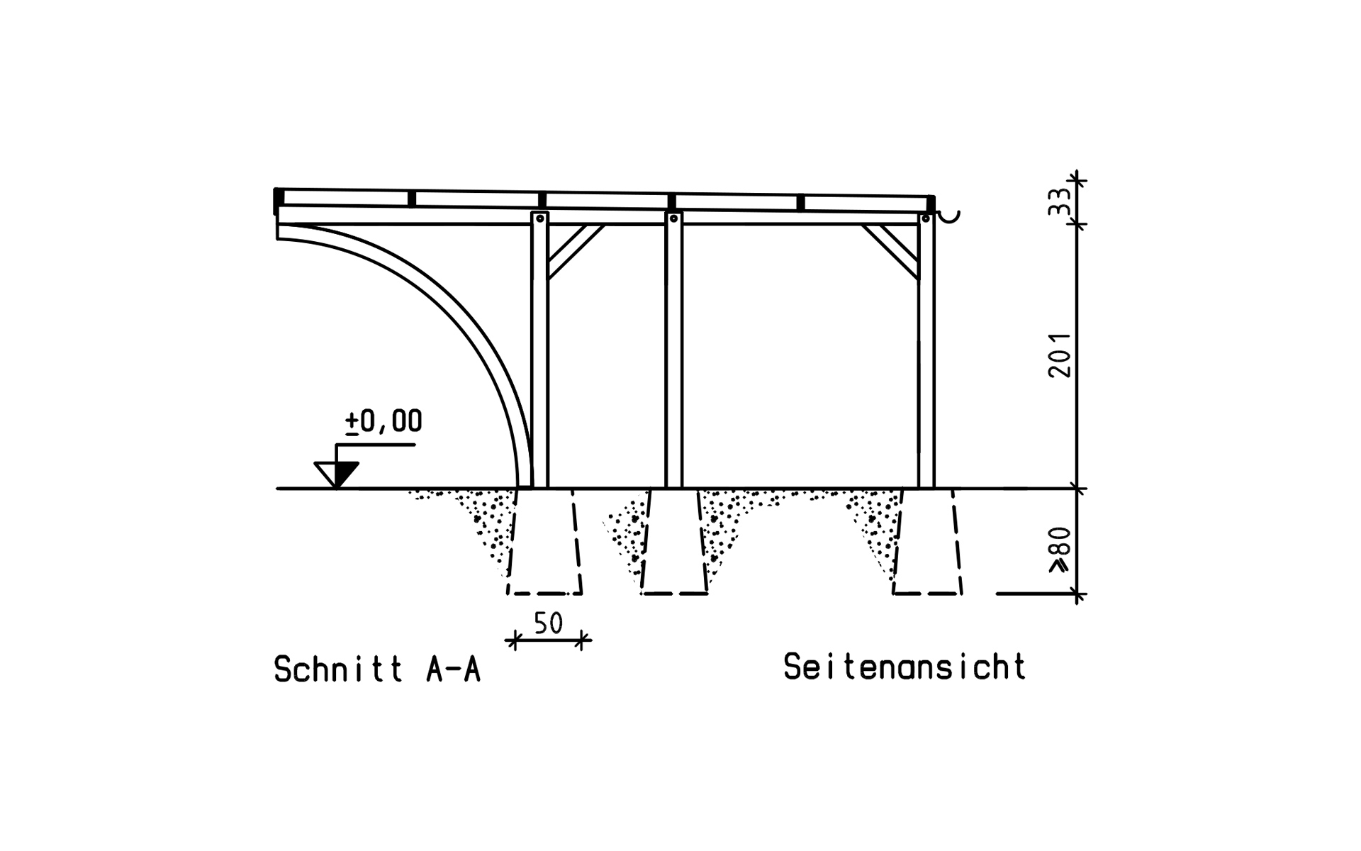 Einzelcarport 310x510 cm mit zwei Leimholzbögen